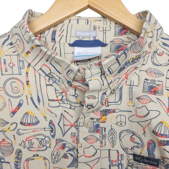 Columbia Men's Rapid Rivers Short Sleeve Button-Up Shirt Sz Large Beige AOP EUC - Picture 3 of 14
